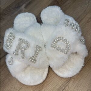 White furry Bride slippers with hearts
